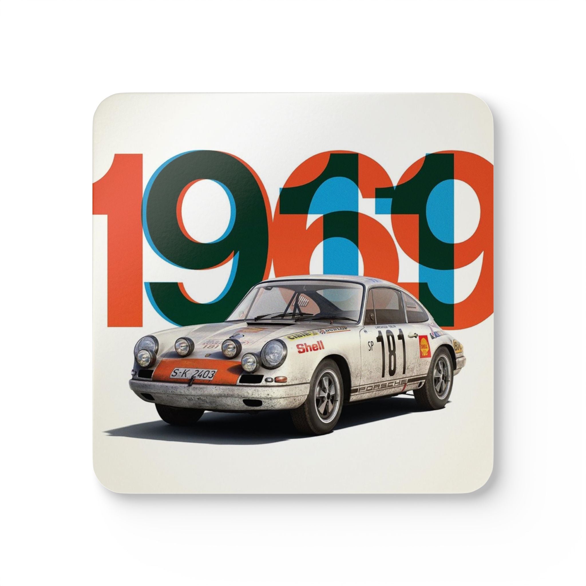1969 Vintage Rally Car Corkback Coaster Set | Classic Motorsport Poster Style (4 Pieces)