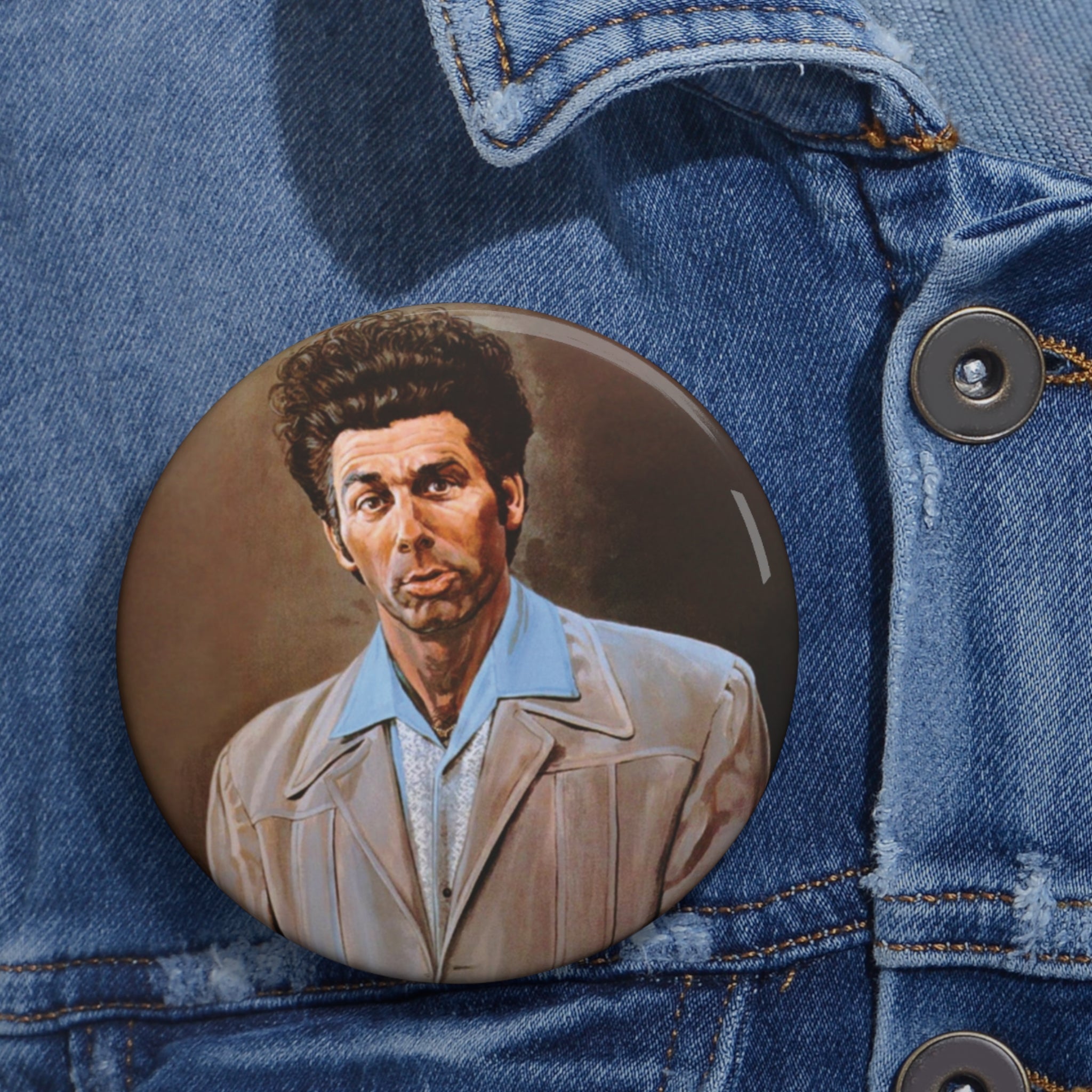 Cosmo Kramer Pin Button Featuring Funny Kramer Painting Portrait (3 Sizes)