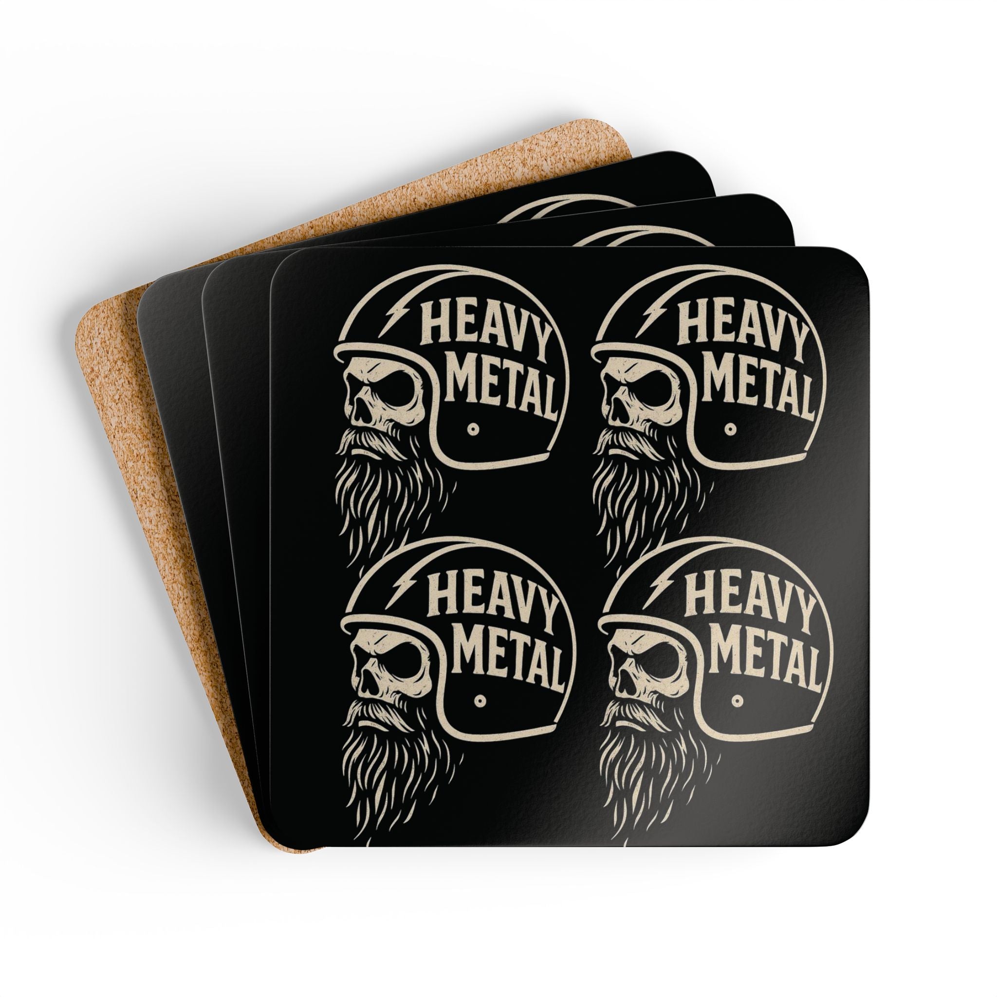 Heavy Metal Skull Biker Style Corkback Coaster Set (4 Pieces)