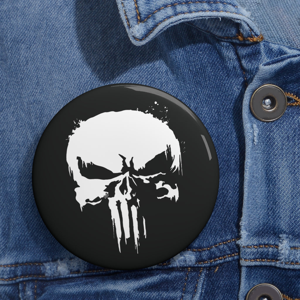 Punisher Inspired Skull Pin Button | Black and White Comic Style Badge (3 Sizes)
