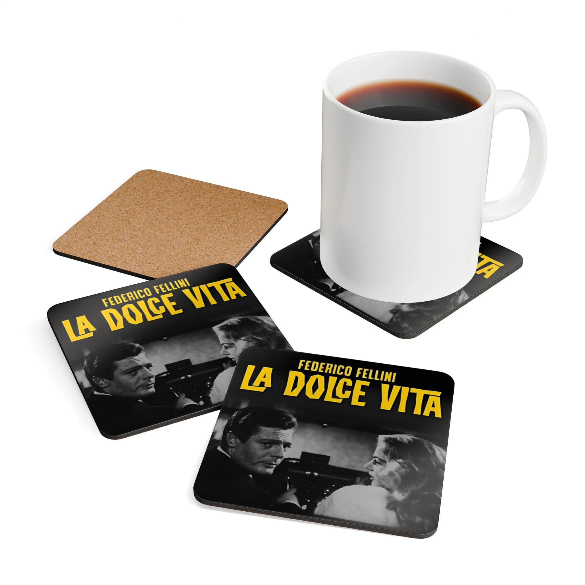 La Dolce Vita staring Marcello Mastroianni and Anita Ekberg Corkback Coaster Set (4 Pieces)