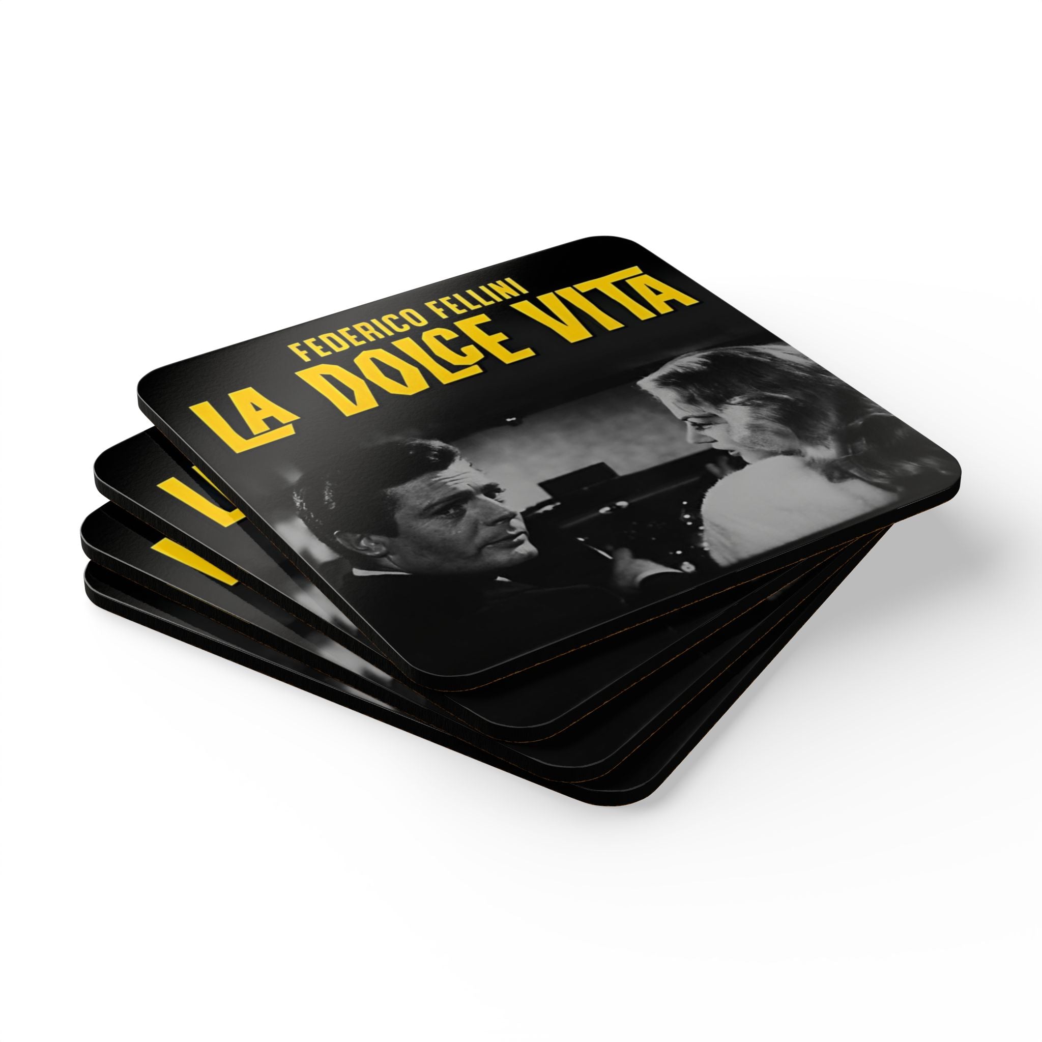 La Dolce Vita staring Marcello Mastroianni and Anita Ekberg Corkback Coaster Set (4 Pieces)