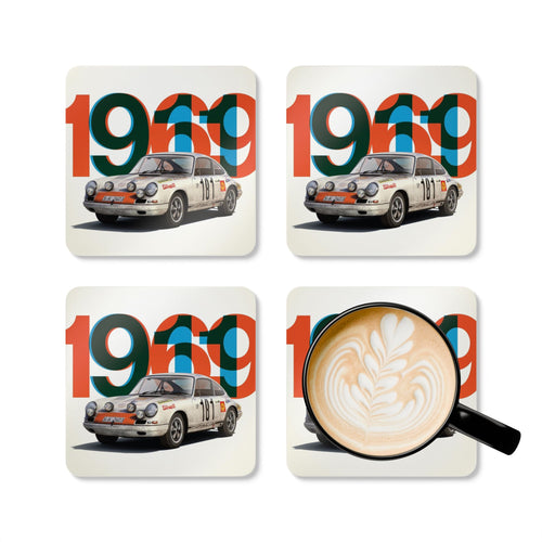 1969 Vintage Rally Car Corkback Coaster Set | Classic Motorsport Poster Style (4 Pieces)