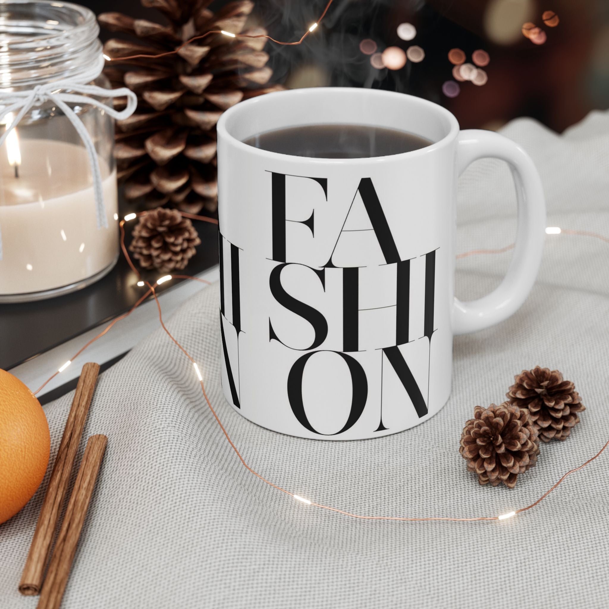 FASHION Typography 11oz Coffee Mug | Chic Black and White Aesthetic