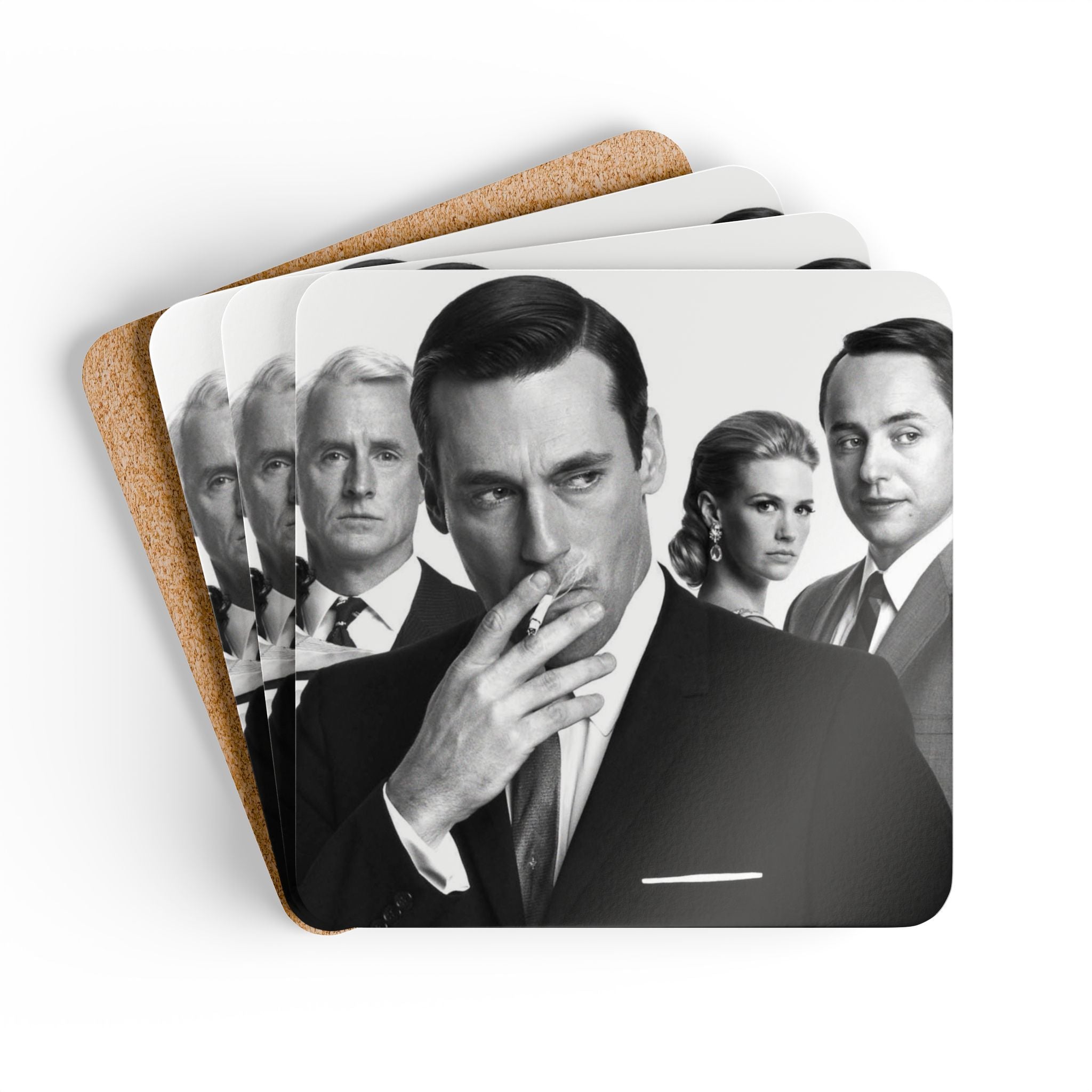 Mad Men TV Show Corkback Coaster Set | Vintage Advertising Drama Tribute (4 Pieces)