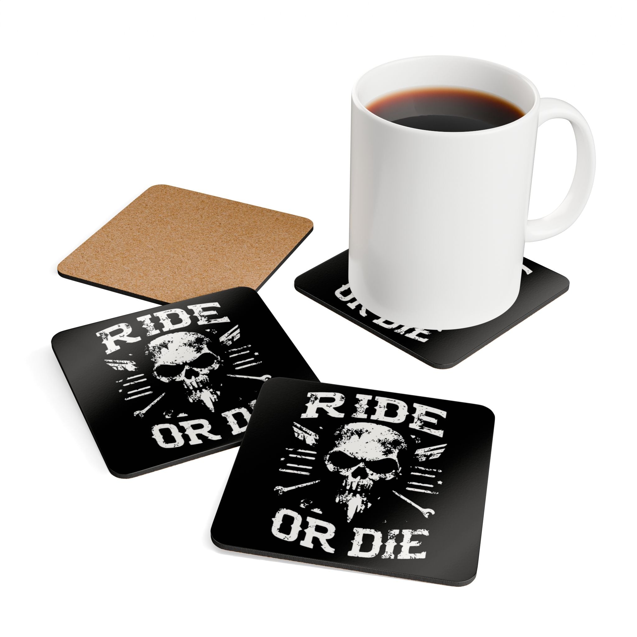 Ride or Die Skull Biker Style Corkback Coaster Set (4 Pieces)