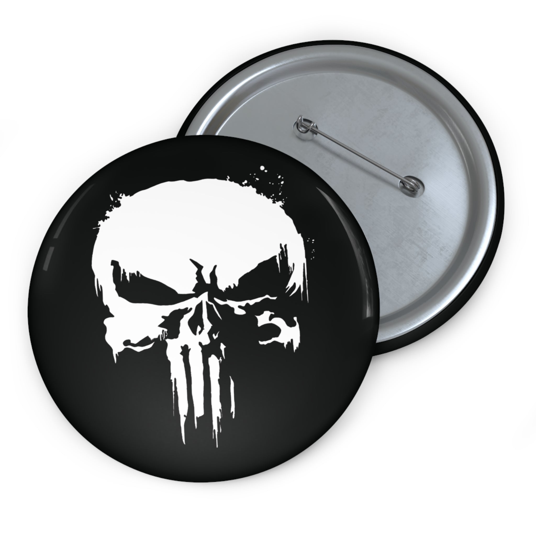 Punisher Inspired Skull Pin Button | Black and White Comic Style Badge (3 Sizes)