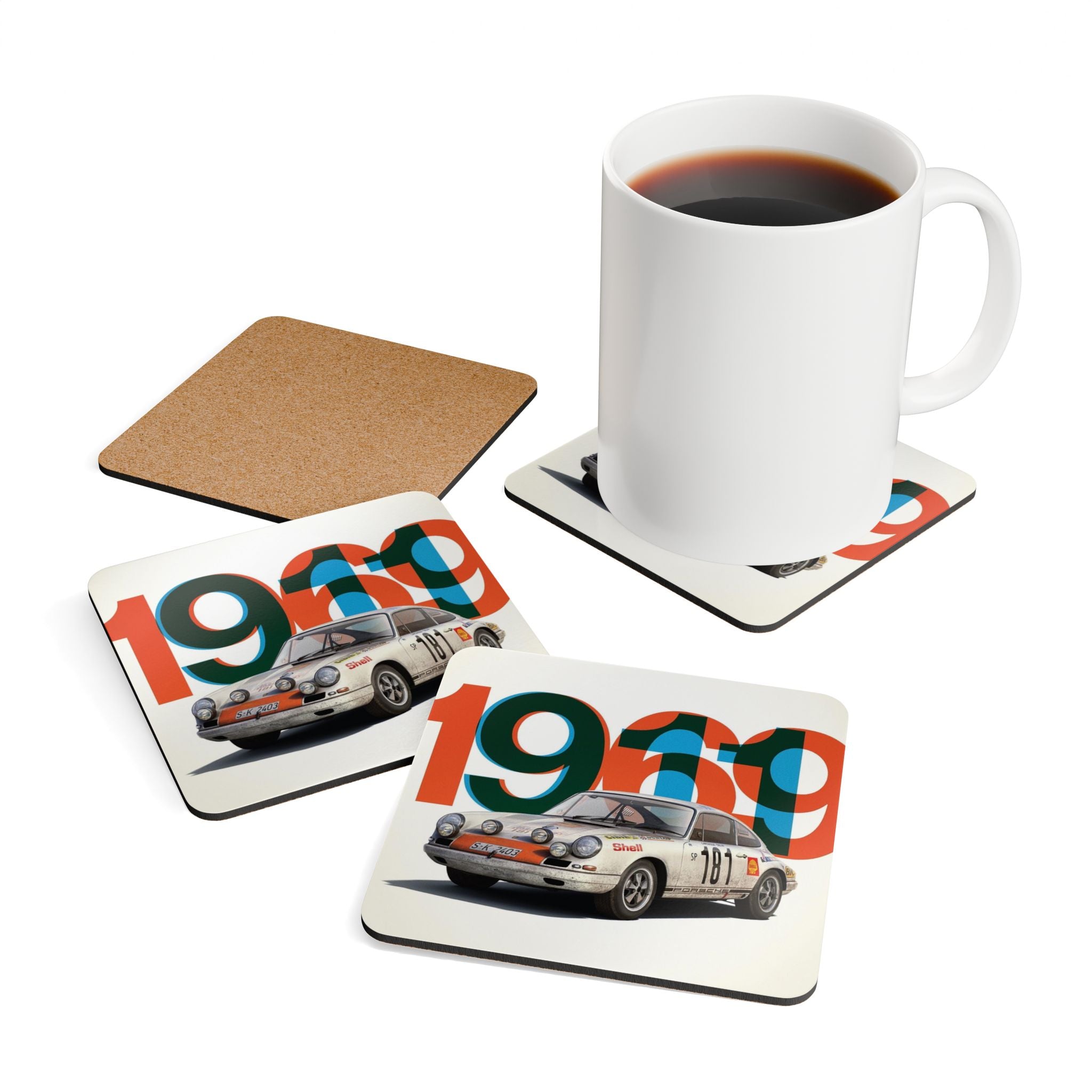 1969 Vintage Rally Car Corkback Coaster Set | Classic Motorsport Poster Style (4 Pieces)