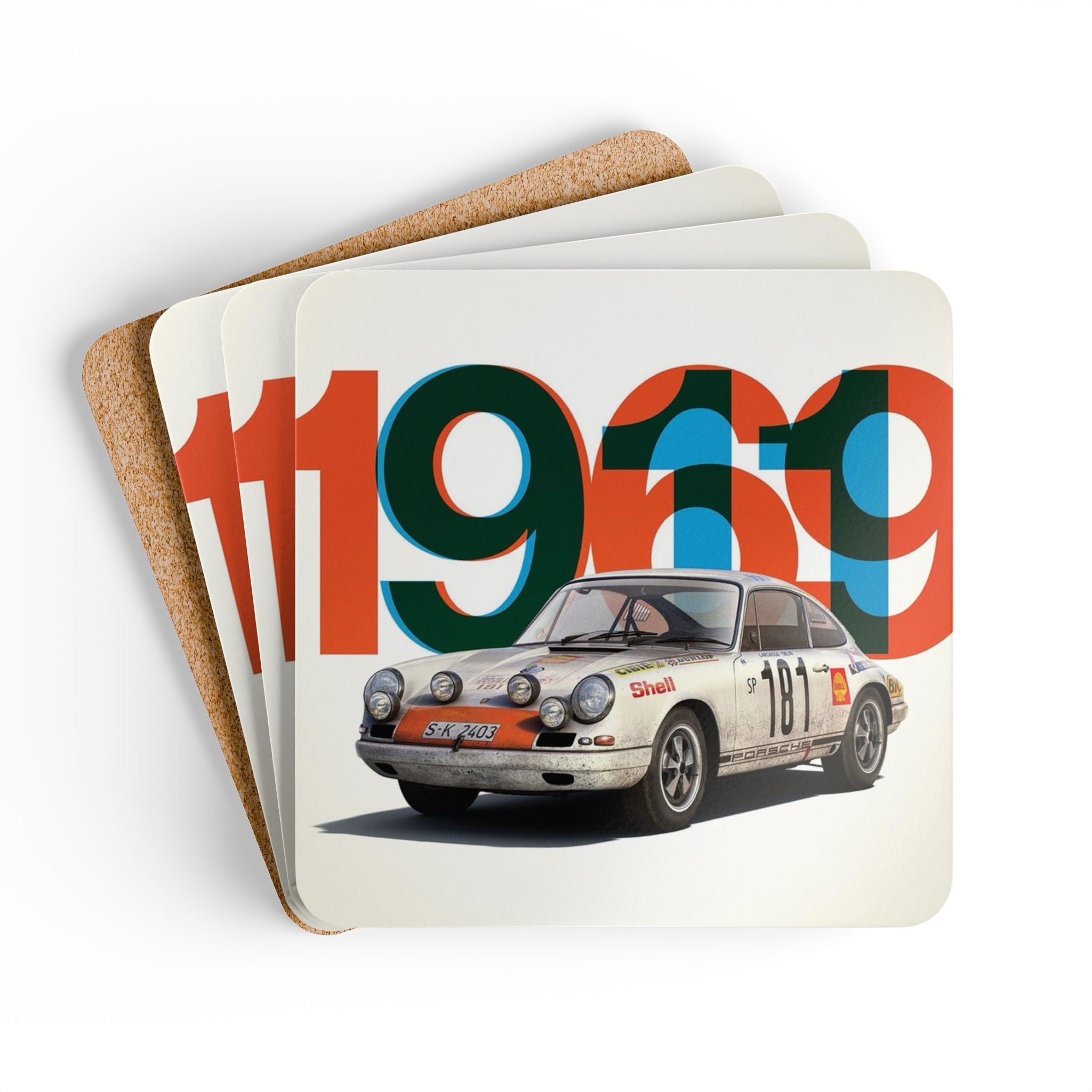 1969 Vintage Rally Car Corkback Coaster Set | Classic Motorsport Poster Style (4 Pieces)