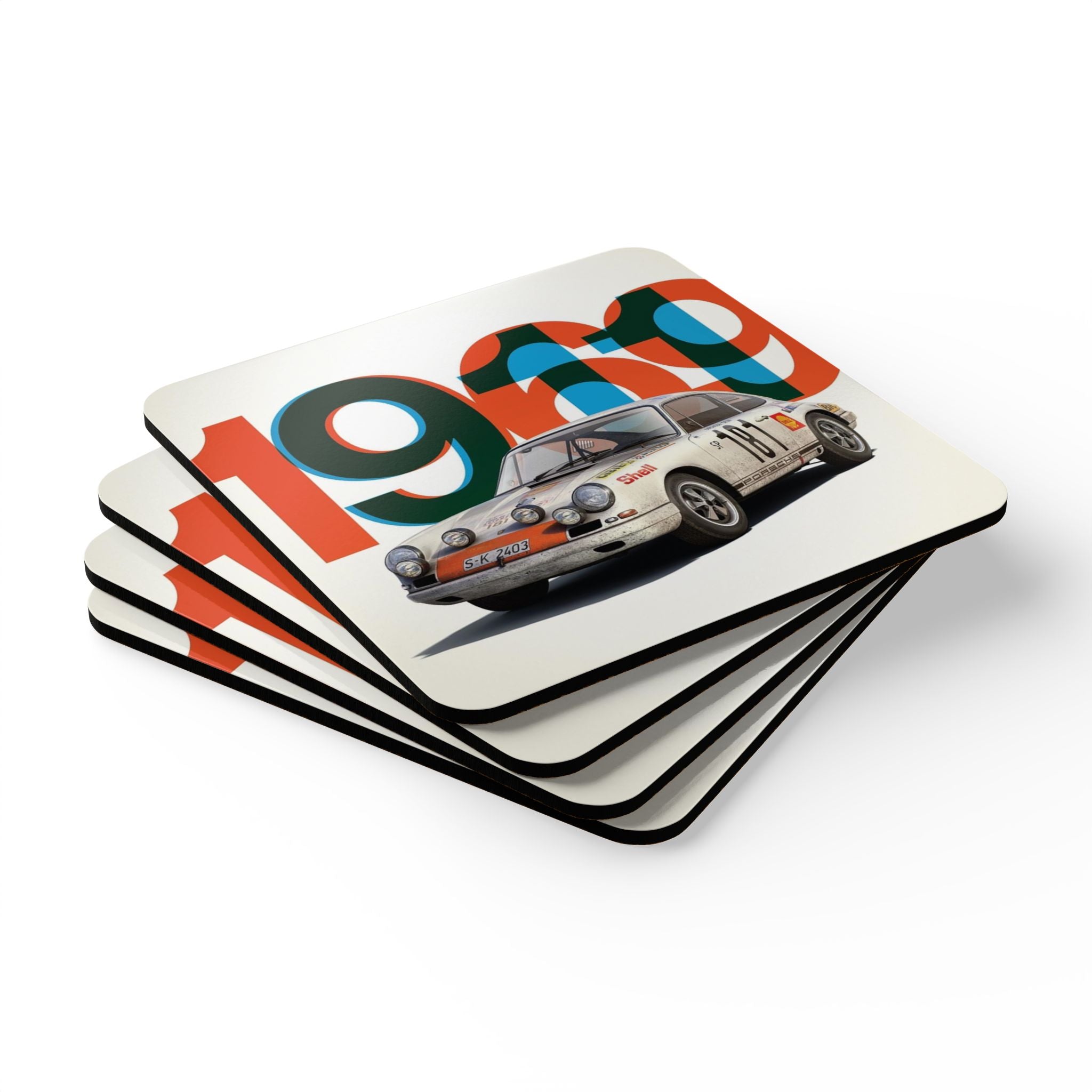 1969 Vintage Rally Car Corkback Coaster Set | Classic Motorsport Poster Style (4 Pieces)