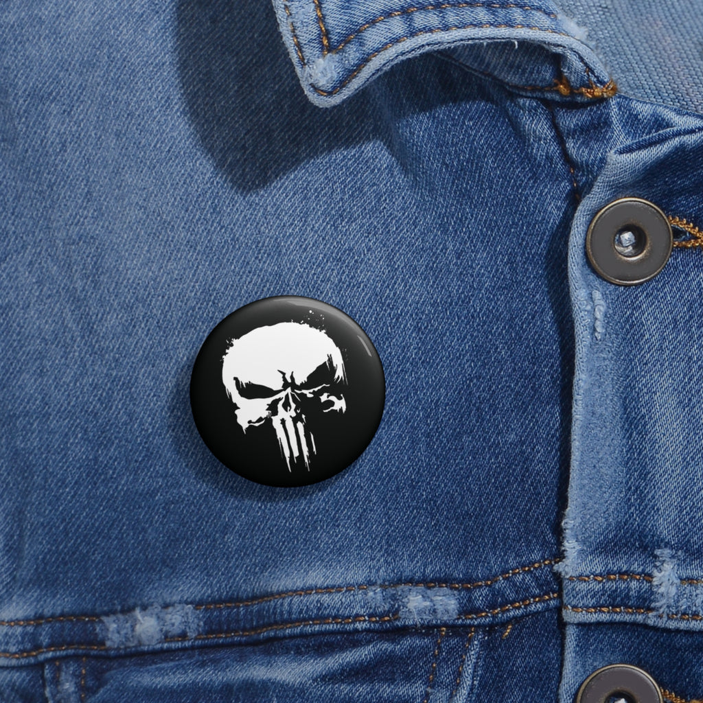Punisher Inspired Skull Pin Button | Black and White Comic Style Badge (3 Sizes)
