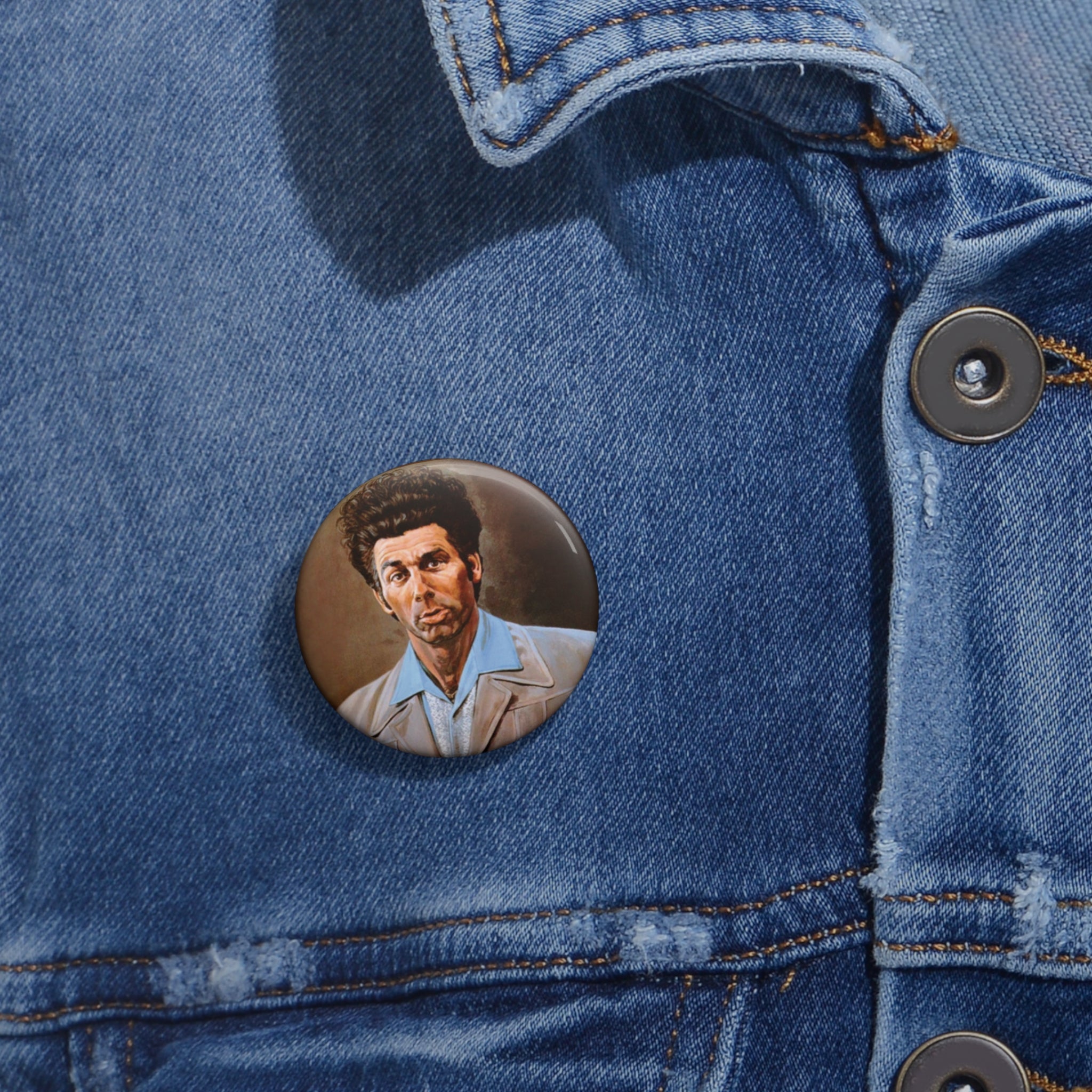 Cosmo Kramer Pin Button Featuring Funny Kramer Painting Portrait (3 Sizes)