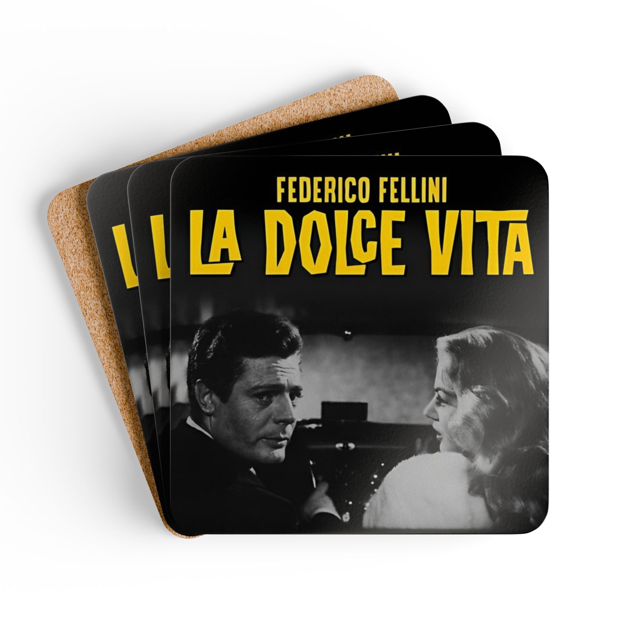 La Dolce Vita staring Marcello Mastroianni and Anita Ekberg Corkback Coaster Set (4 Pieces)