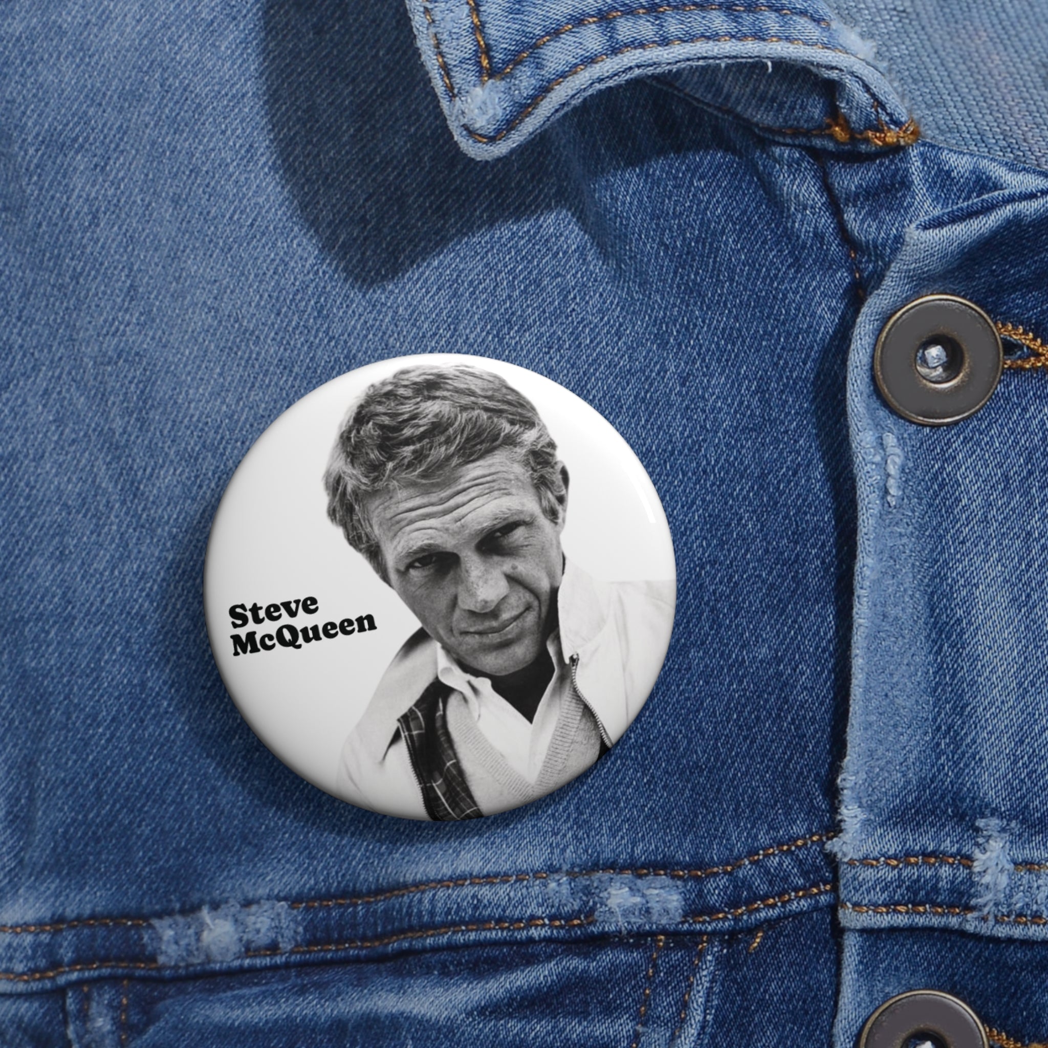 Steve McQueen Hollywood Actor and Classic Film Legend Custom Pin Button (3 Sizes)