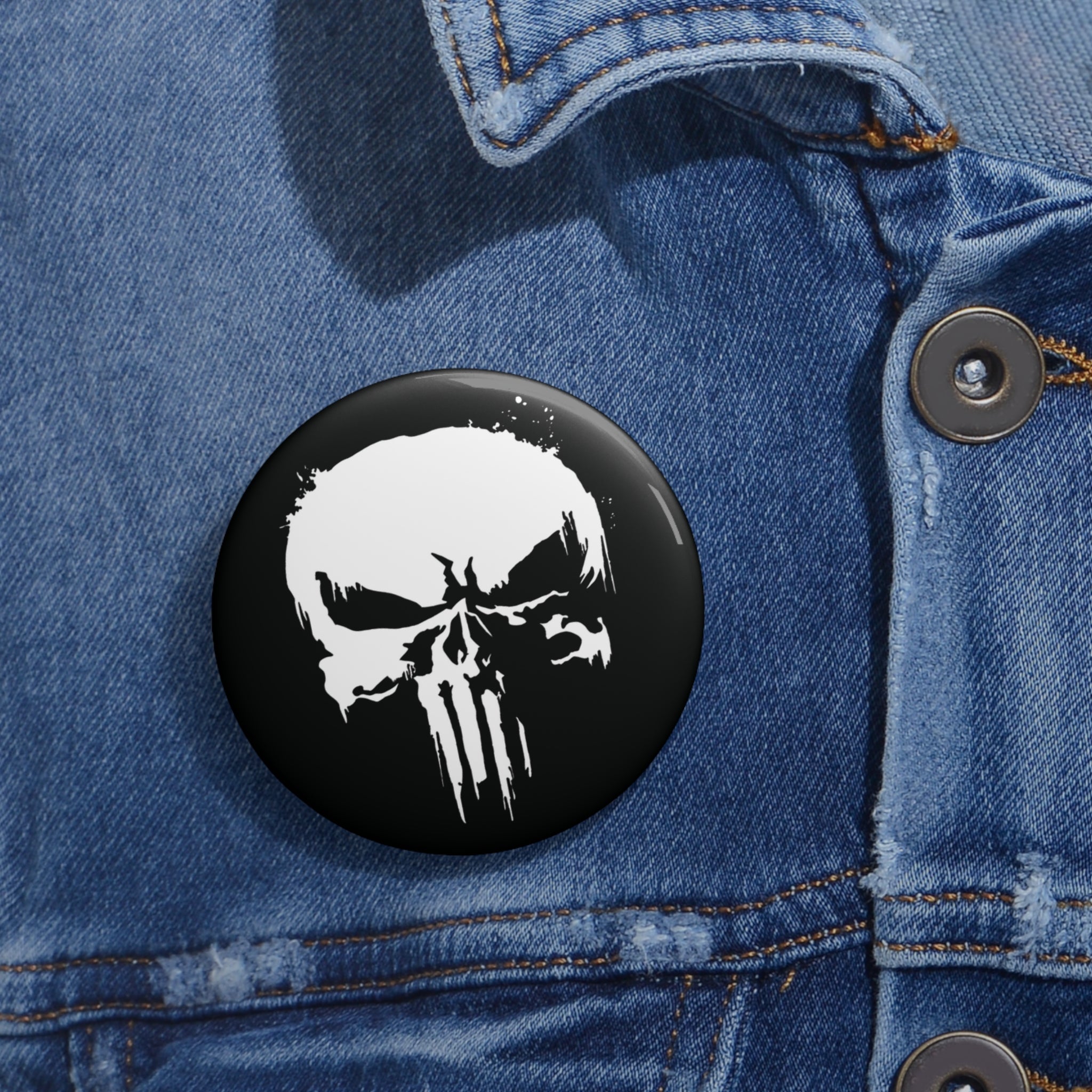 Punisher Inspired Skull Pin Button | Black and White Comic Style Badge (3 Sizes)