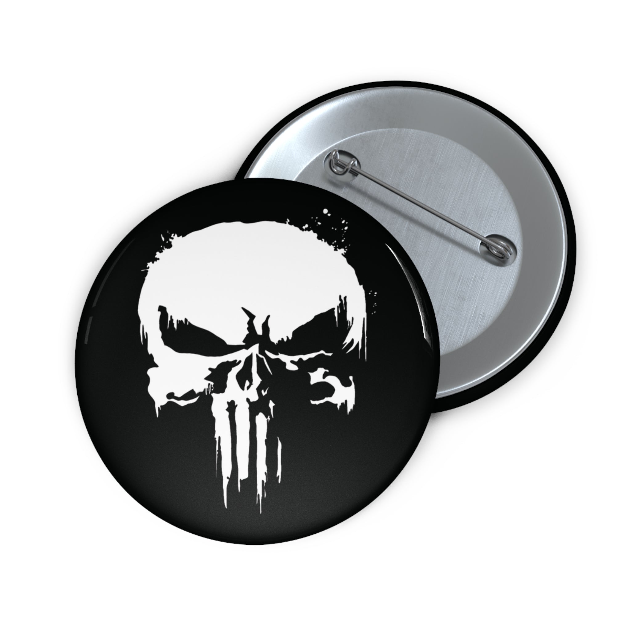 Punisher Inspired Skull Pin Button | Black and White Comic Style Badge (3 Sizes)
