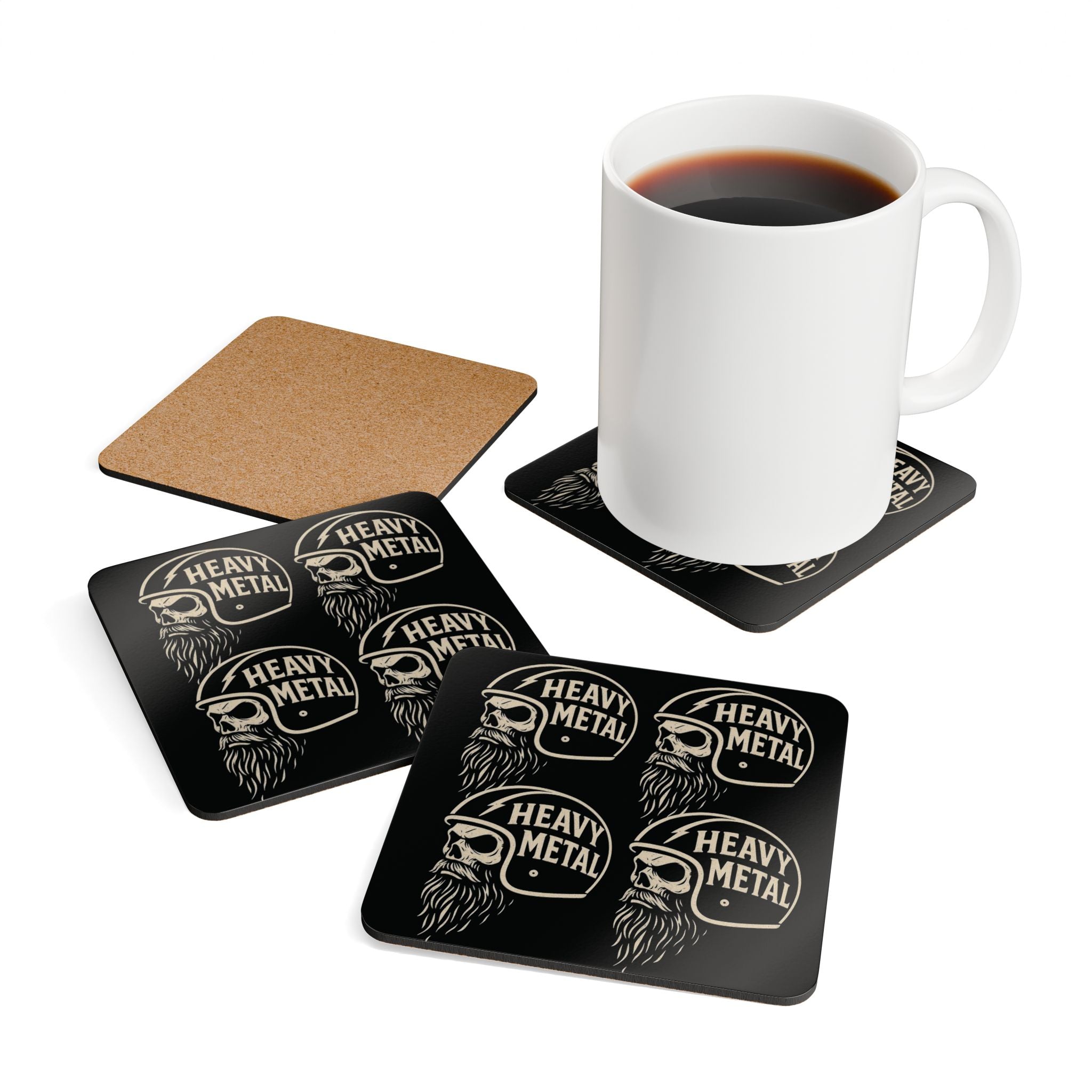 Heavy Metal Skull Biker Style Corkback Coaster Set (4 Pieces)