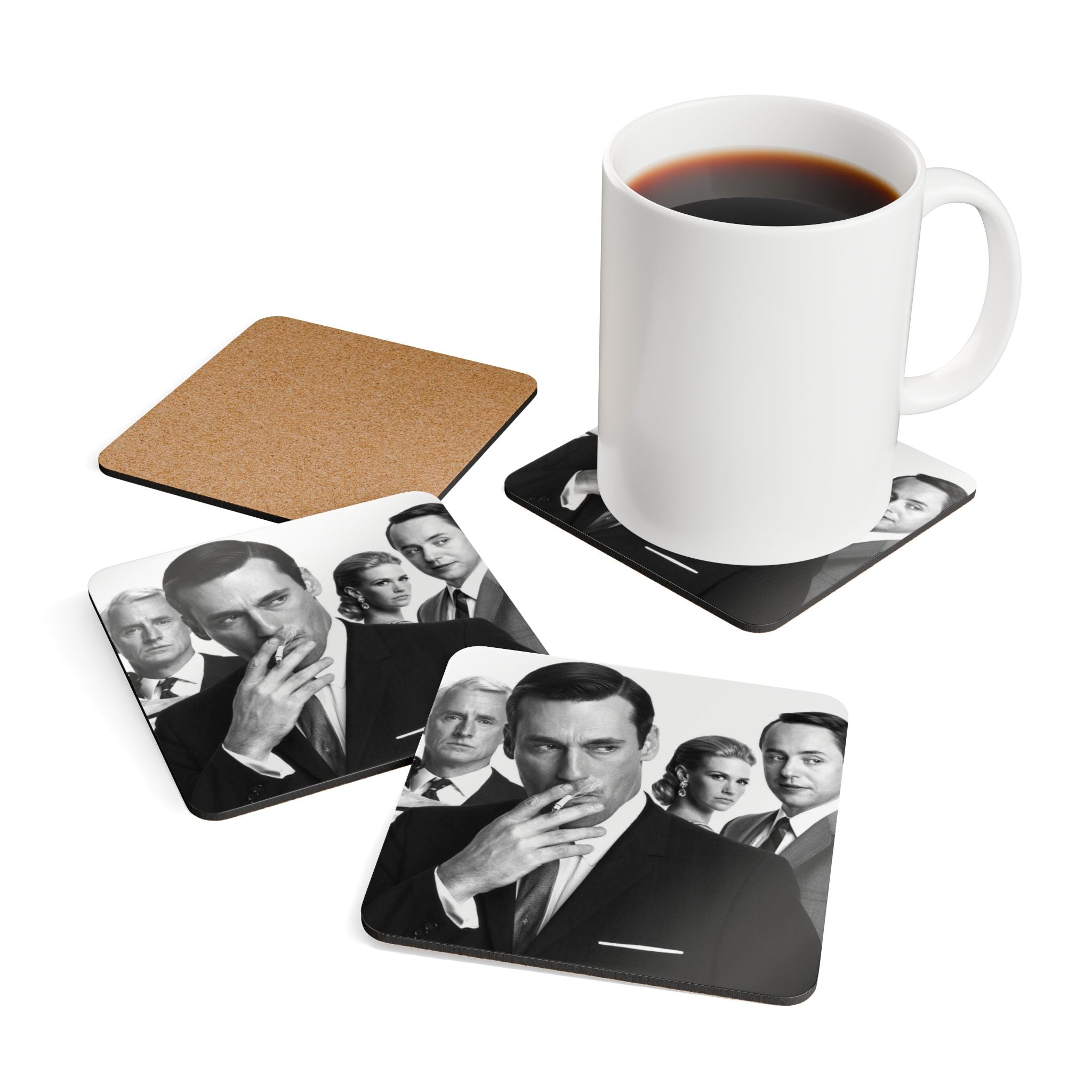 Mad Men TV Show Corkback Coaster Set | Vintage Advertising Drama Tribute (4 Pieces)