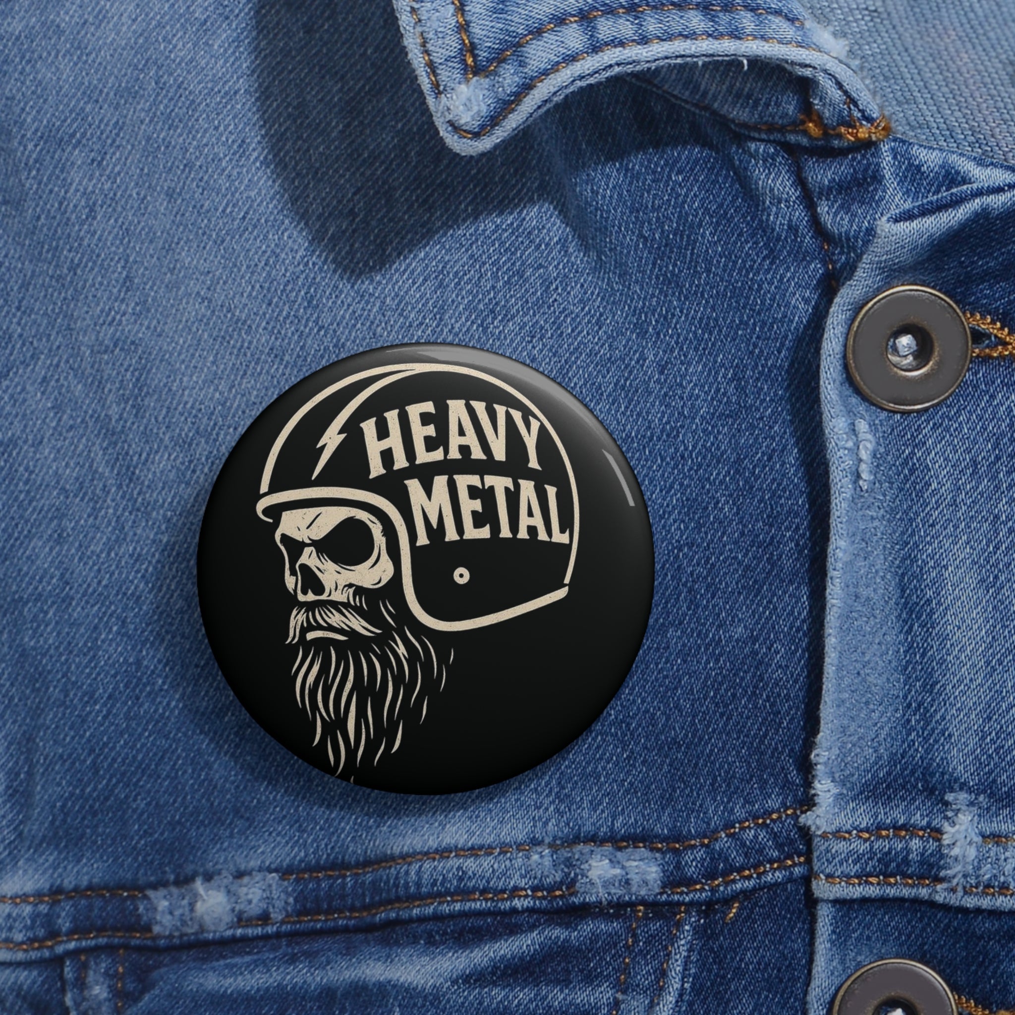 Heavy Metal Skull Pin Button | Vintage Biker Helmet Skull Badge (3 Sizes)