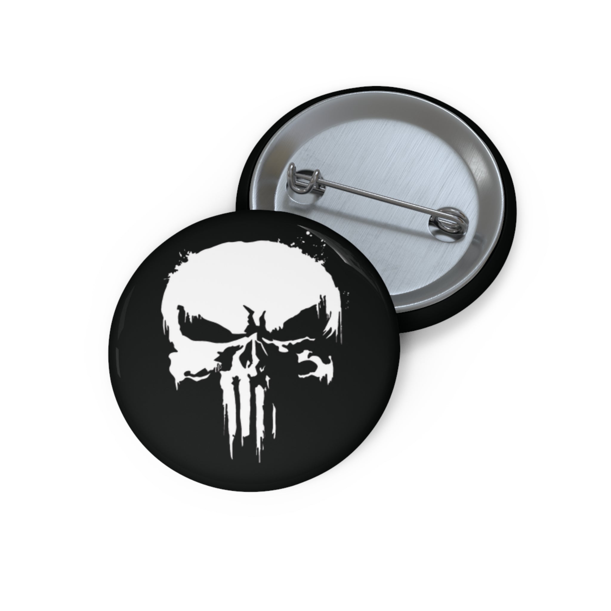 Punisher Inspired Skull Pin Button | Black and White Comic Style Badge (3 Sizes)