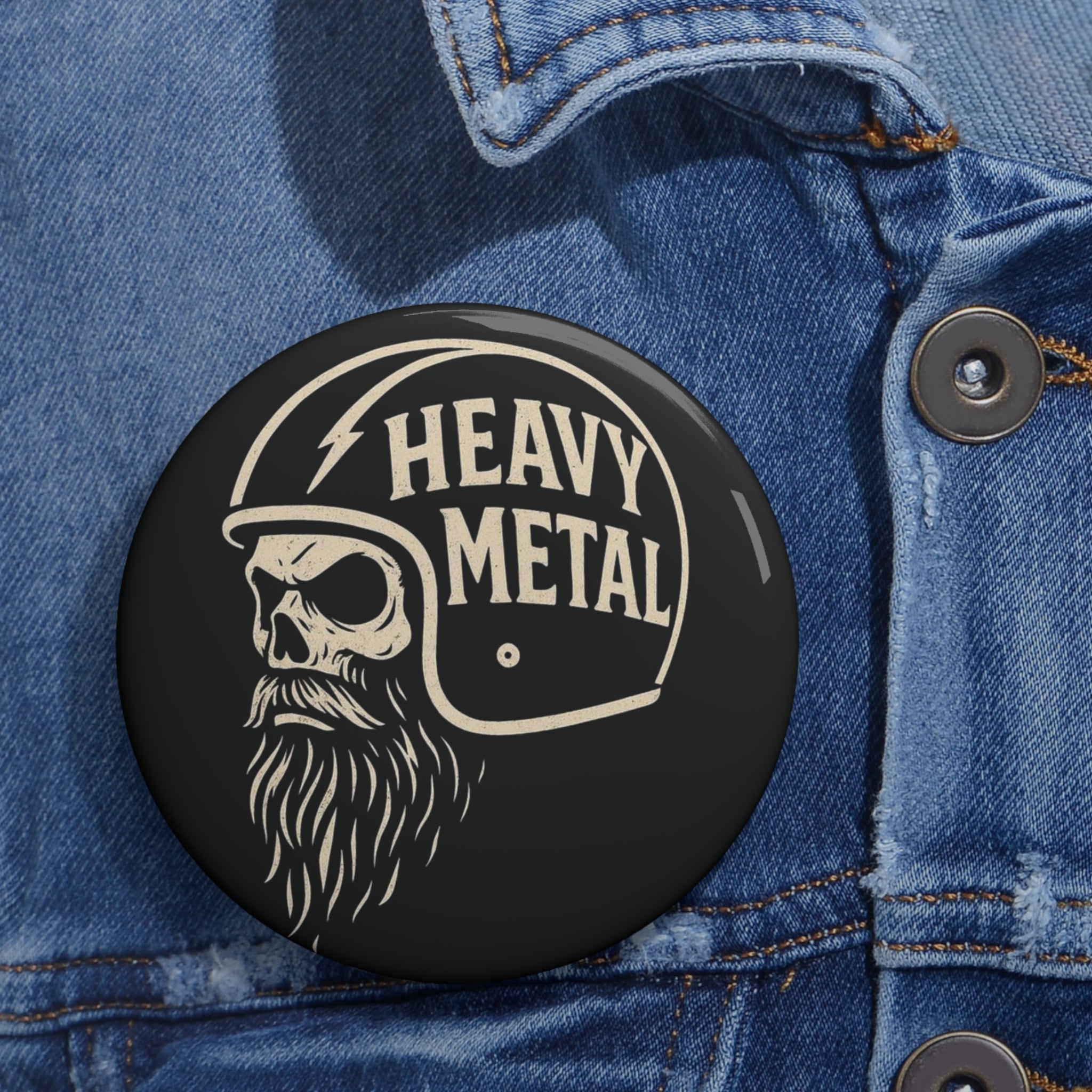 Heavy Metal Skull Pin Button | Vintage Biker Helmet Skull Badge (3 Sizes)