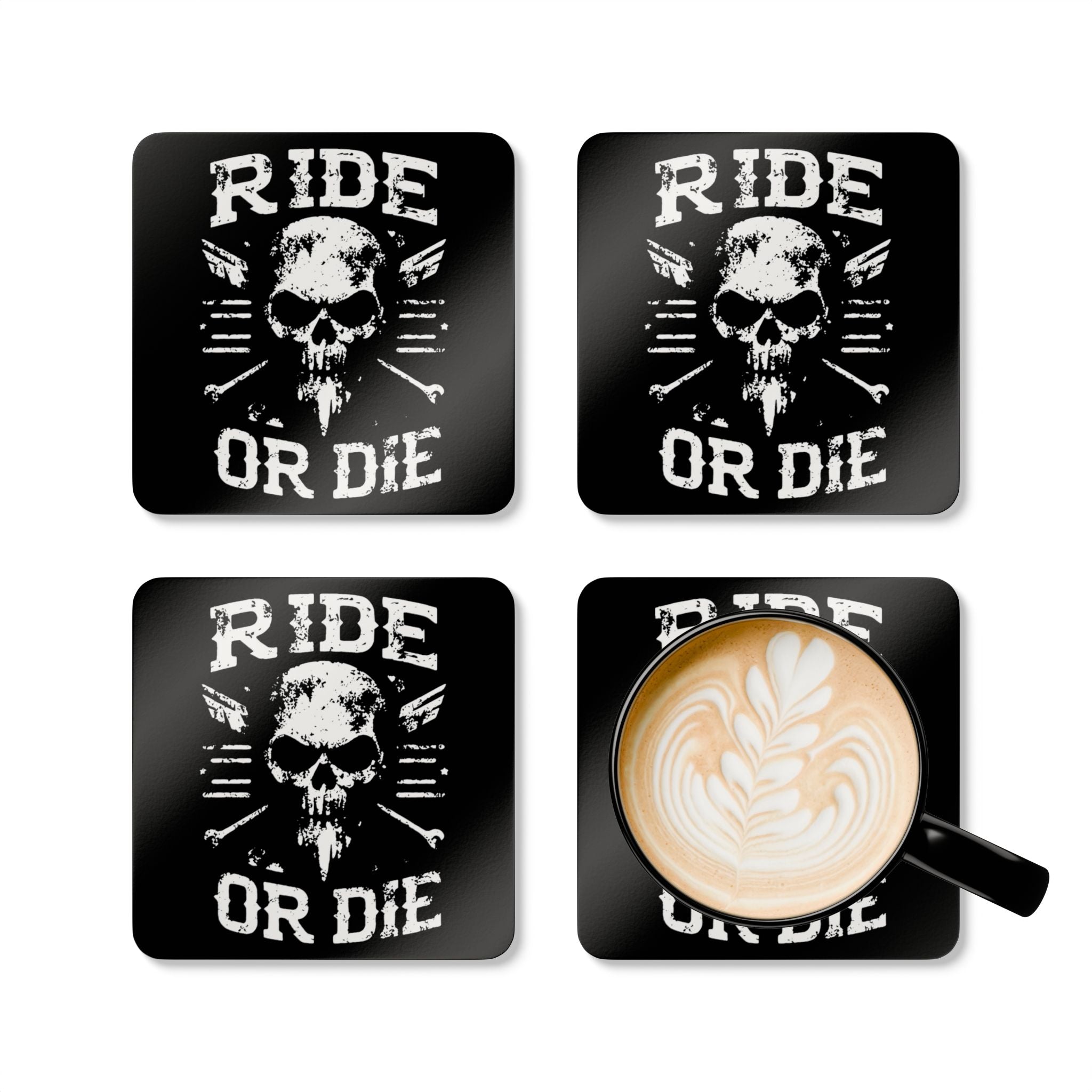 Ride or Die Skull Biker Style Corkback Coaster Set (4 Pieces)