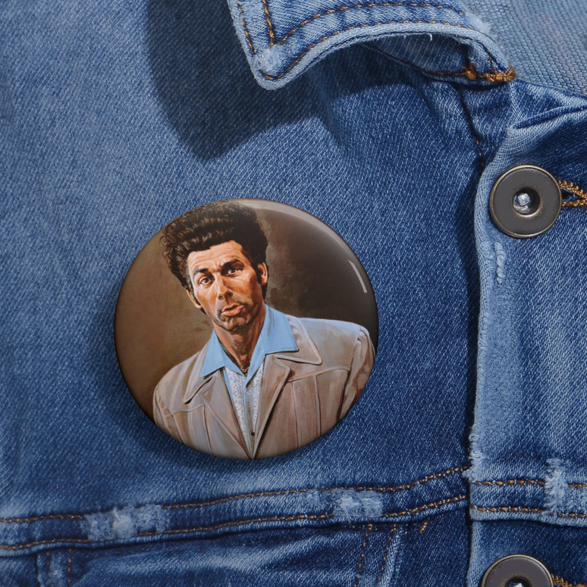 Cosmo Kramer Pin Button Featuring Funny Kramer Painting Portrait (3 Sizes)