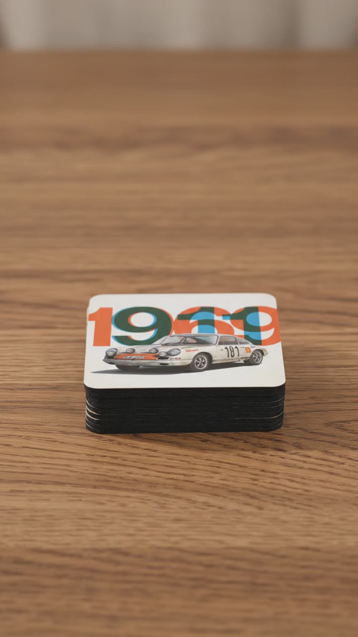 1969 Vintage Rally Car Corkback Coaster Set | Classic Motorsport Poster Style (4 Pieces)